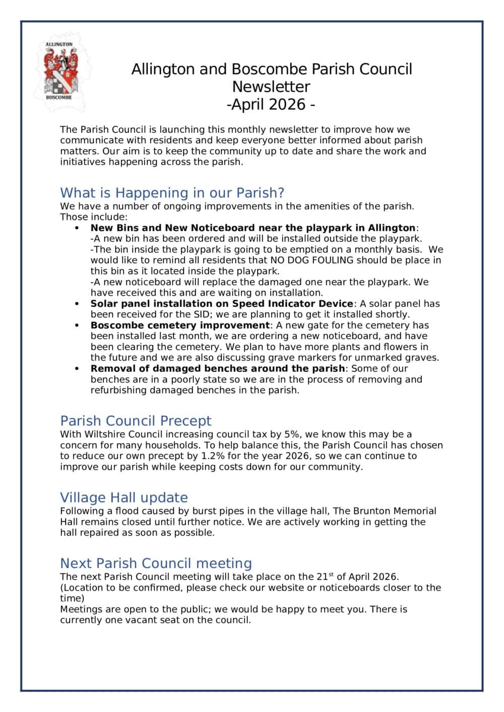 Allington and Boscombe Parish Council newsletter highlights parish improvements and upcoming council meeting.
