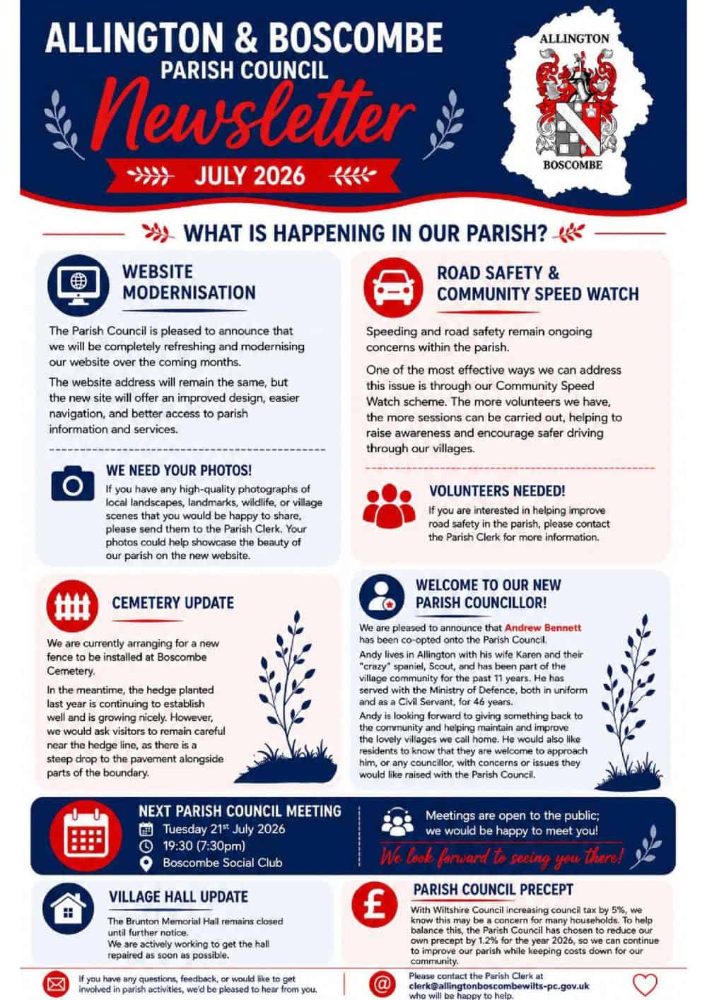 Allington & Boscombe parish council July 2026 newsletter with updates, announcements, and local event details.