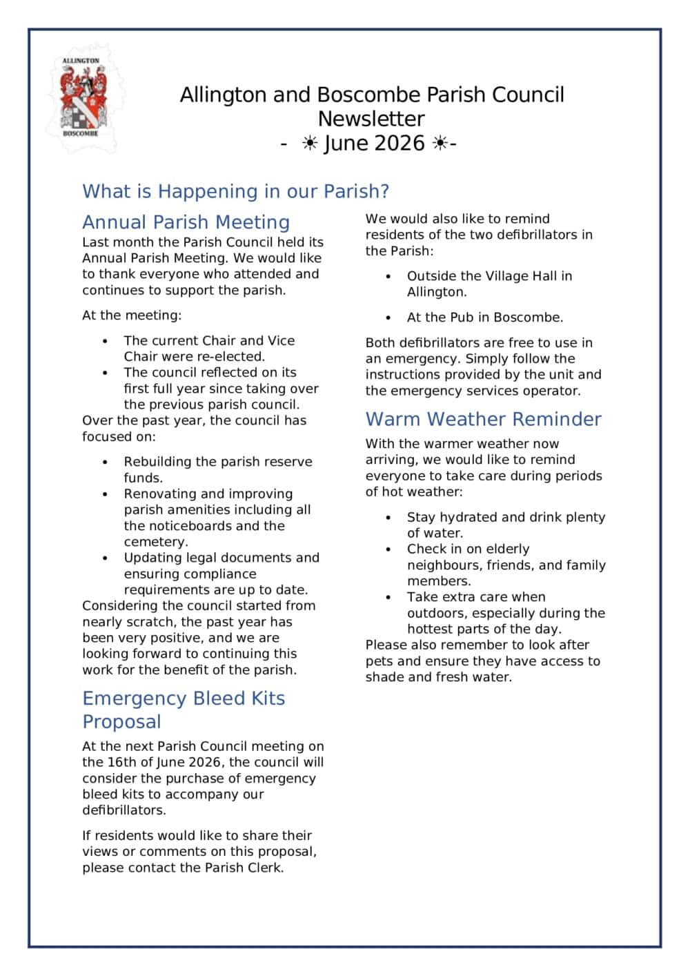 Parish council newsletter with updates on meetings, defibrillators, community events, and emergency services.