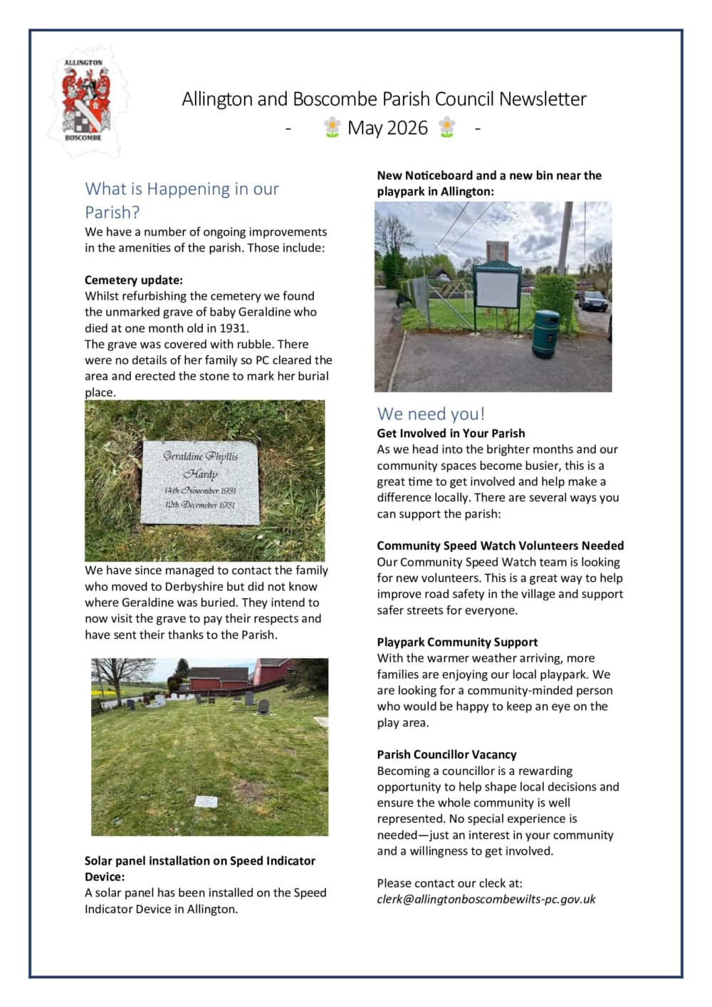 Parish newsletter with updates, photos of a noticeboard, solar device, and a woman at a cemetery.